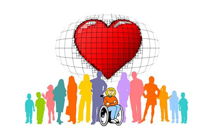 A woman in a wheelchair is encircled by caring individuals, each holding a heart, illustrating solidarity and support.